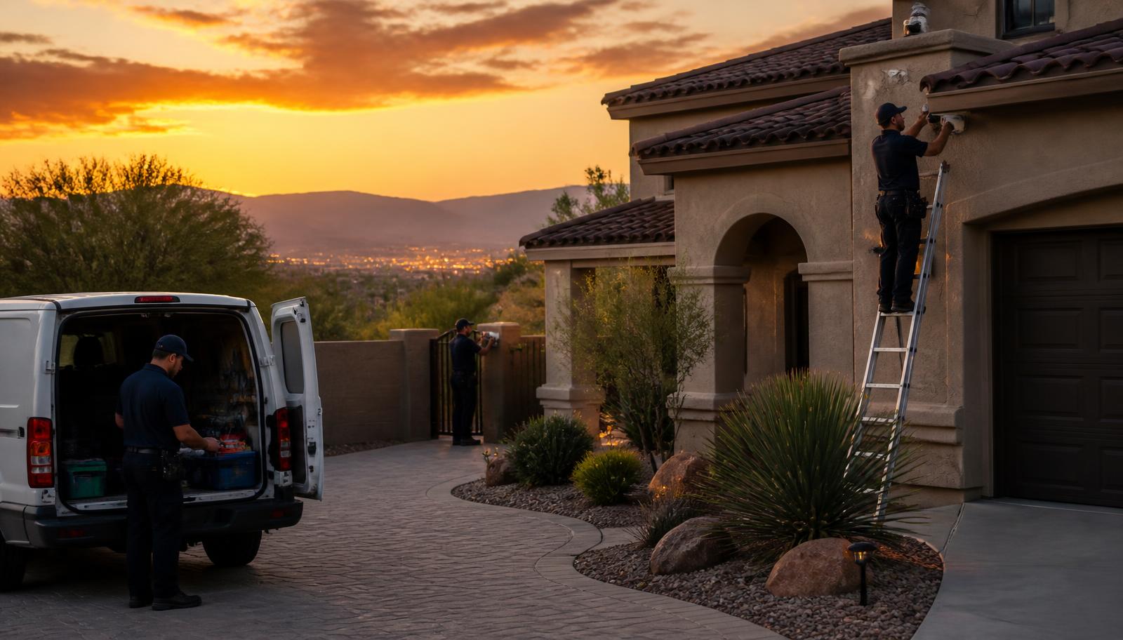 Technicians installing security cameras at a Las Vegas home during sunset