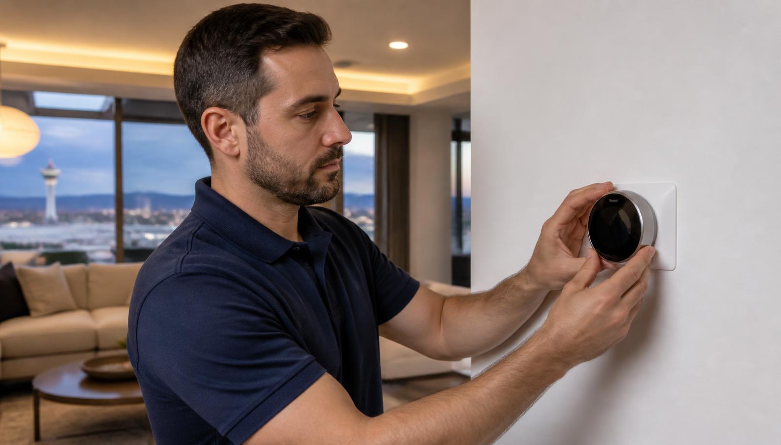 Technician installing a smart thermostat or hub inside a Las Vegas home