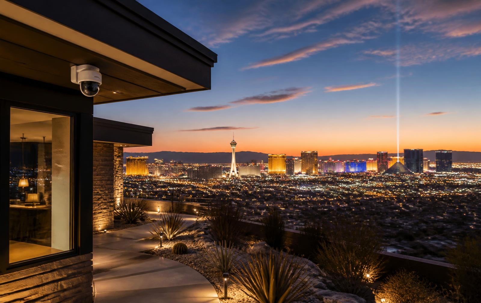 Las Vegas hillside home with a security camera overlooking the Strip at dusk