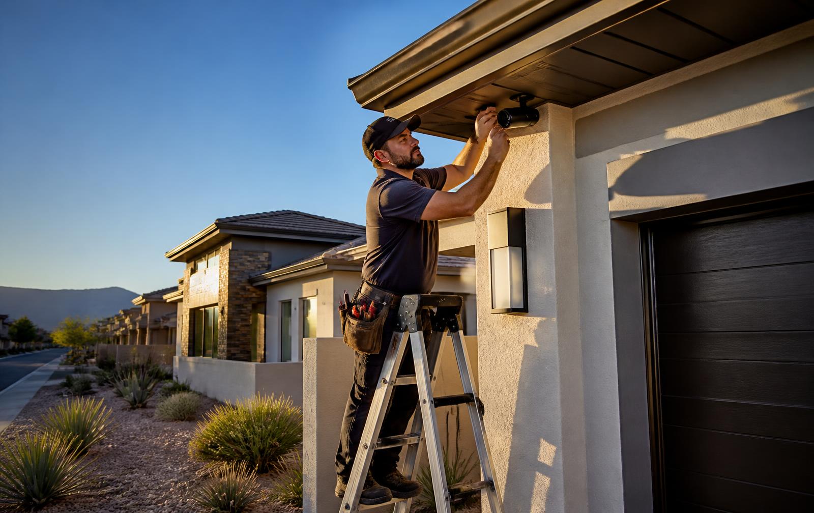 Technician mounting a security camera on a Las Vegas home
