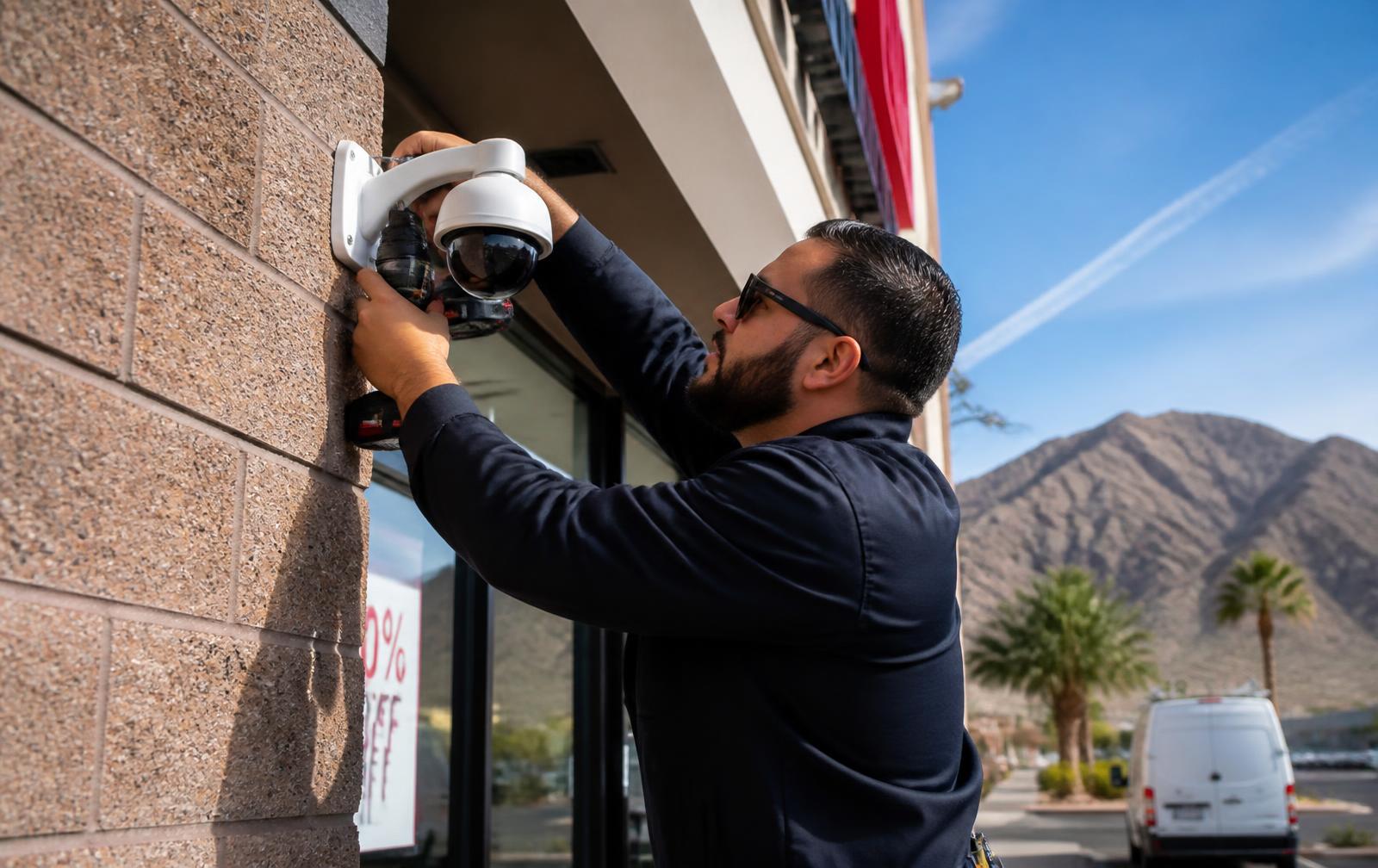 Technician installing a dome security camera on a Las Vegas business